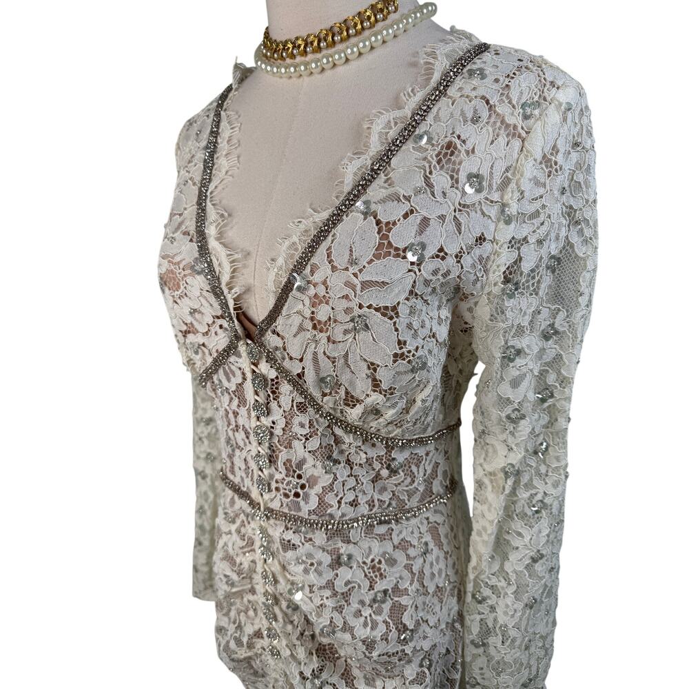 Self-Portrait Crystal Embellished Cord Lace Midi Dress Ivory Bridal US 8 - Picture 9 of 16